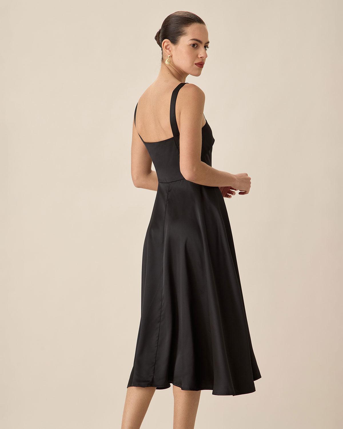 Black Satin Slip Midi Dress Product Image