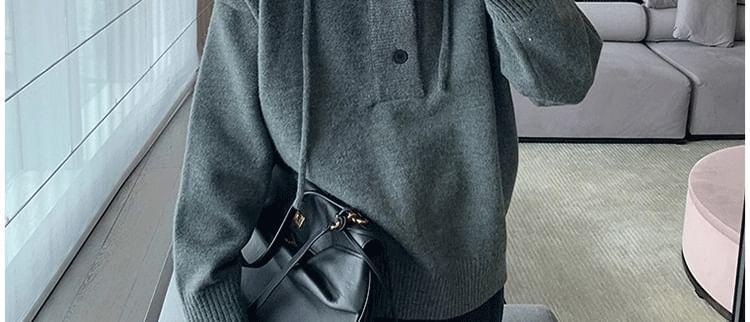 Plain Half-Buttoned Knit Hoodie Product Image
