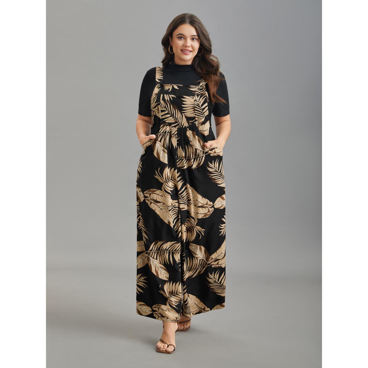Plus Size Black Tropical Leaf Print Overall Straps Jumpsuit Women Elegant Sleeveless Non Everyday-Elegant Loose Jumpsuits BloomChic 28/5X Product Image