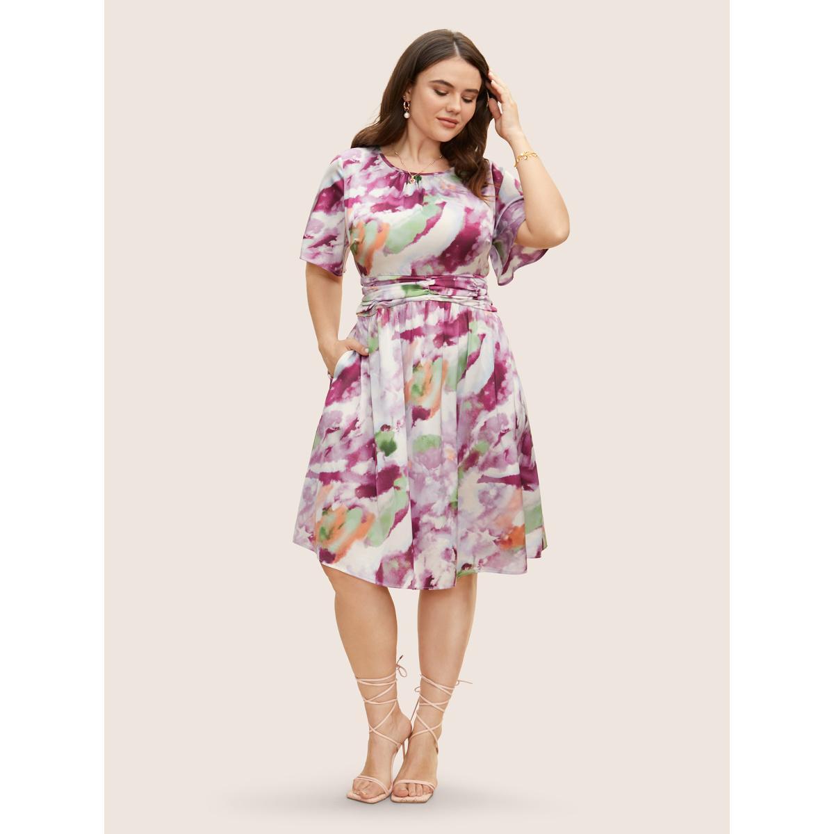 Plus Size Watercolor Floral Print Ruched Ruffle Sleeve Dress Lilac Women Elegant Gathered Round Neck Short sleeve Curvy BloomChic 30/6X Product Image
