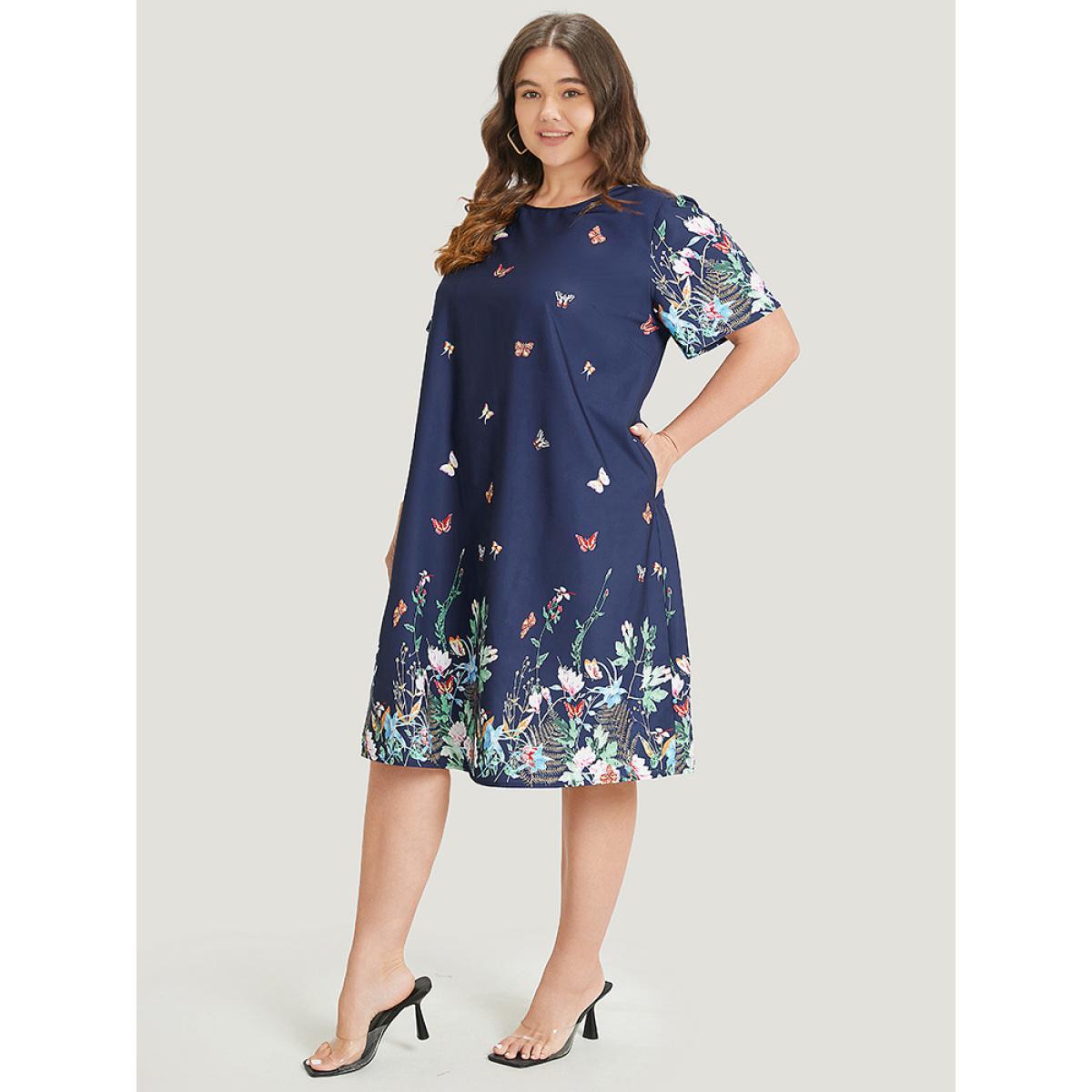 Plus Size Butterfly & Floral Round Neck Print Pocket Knee Dress Indigo Women Vacation Pocket Round Neck Short sleeve Curvy Knee Dress BloomChic 10/M Product Image