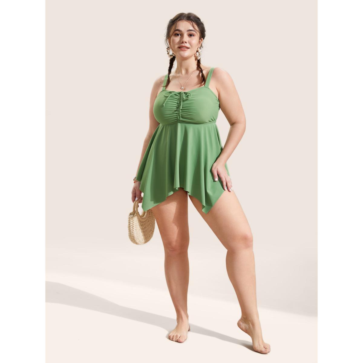 Plus Size Plain Drawstring Ruched Adjustable Straps Swim Top Women's Swimwear Moss Beach Drawstring High stretch Bodycon Heart neckline Curve Swim Tops BloomChic 30/6X Product Image