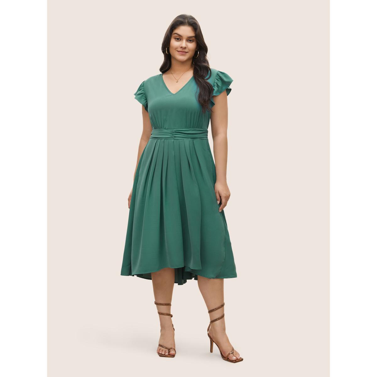 Plus Size Anti-Wrinkle Solid Ruched Flutter Trim Pleated Dress Emerald Women Elegant Non V-neck Sleeveless Curvy Midi Dress BloomChic 12/L Product Image