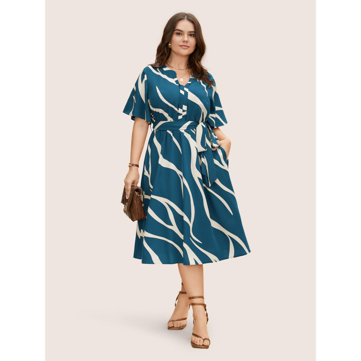 Plus Size Geometric Surplice Neck Tie Knot Midi Dress Aegean Women At the Office Belted Flat collar with V-notch Short sleeve Curvy BloomChic 30/6X Product Image