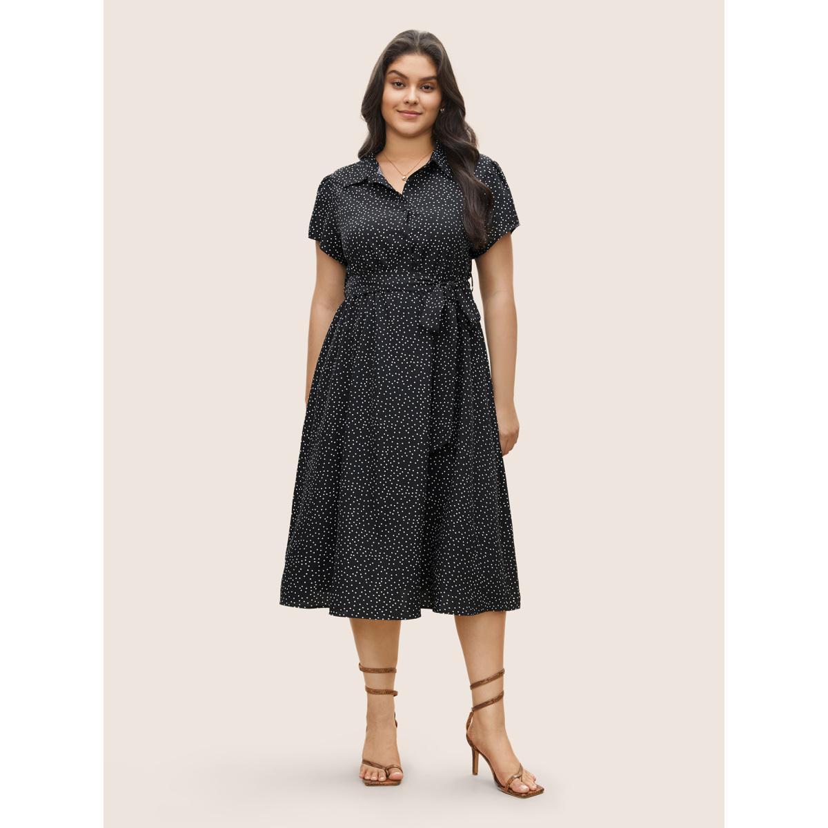 Plus Size Polka Dot Shirt Collar Pocket Button Up Dress Black Women At the Office Non Shirt collar Short sleeve Curvy Midi Dress BloomChic 18-20/2X Product Image