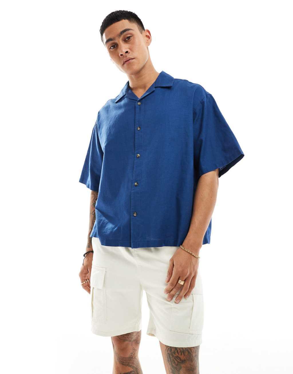 ASOS DESIGN boxy oversized linen blend shirt with camp collar in royal blue Product Image
