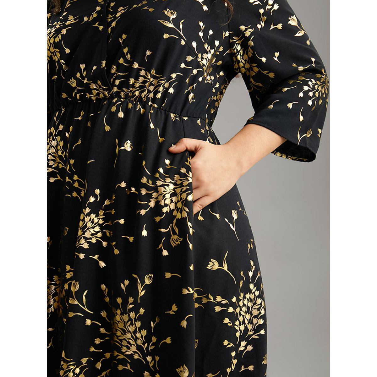Plus Size Floral Glitter Pocket Gathered Detail Dress Black Women Elegant Wrap Overlap Collar Elbow-length sleeve Curvy Midi Dress BloomChic 10/M Product Image