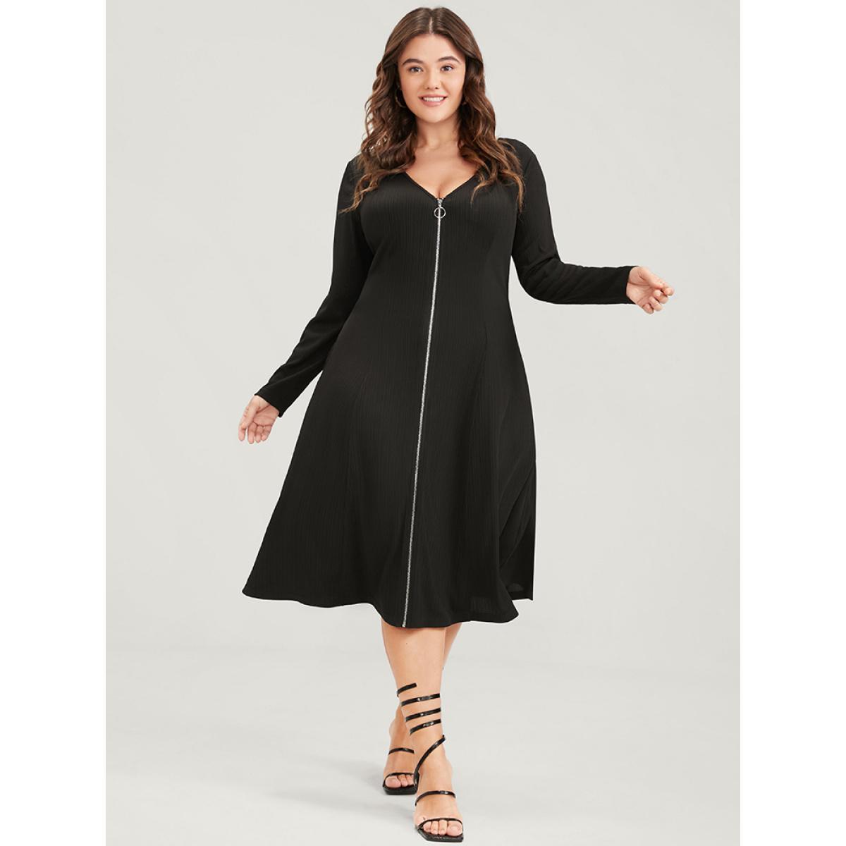 Plus Size Plain V Neck Pocket Zip Up Midi Dress Black Women Office Zipper V-neck Long Sleeve Curvy Midi Dress BloomChic 30/6X Product Image