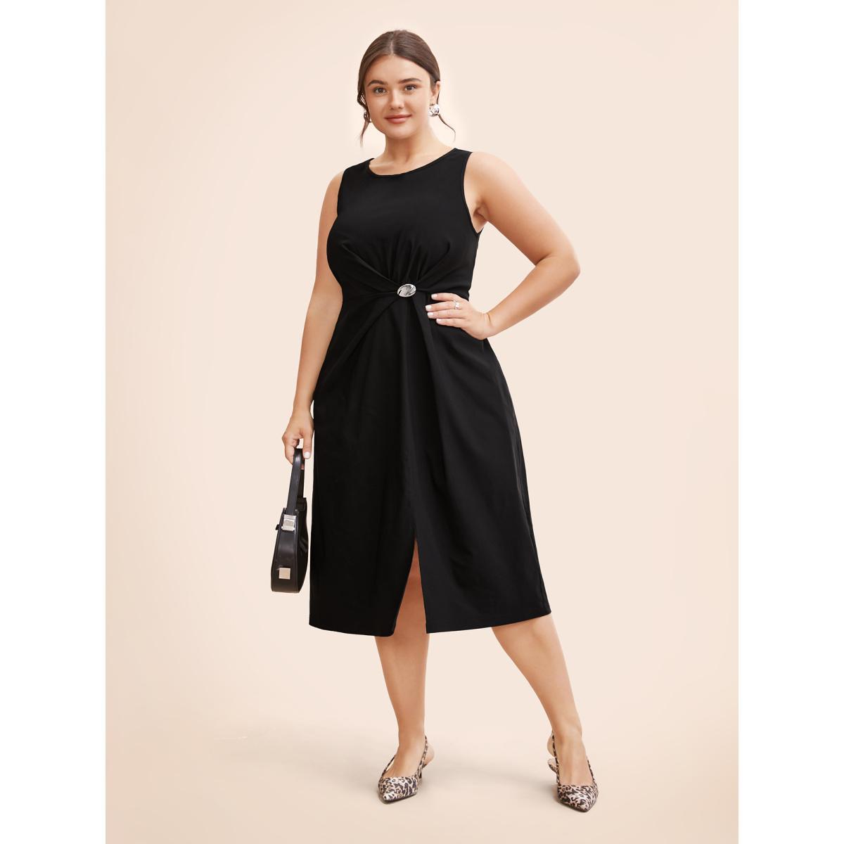 Plus Size Stretch Woven Side Slit Midi Dress Black Women At the Office Twist Round Neck Sleeveless Curvy BloomChic 10/M Product Image