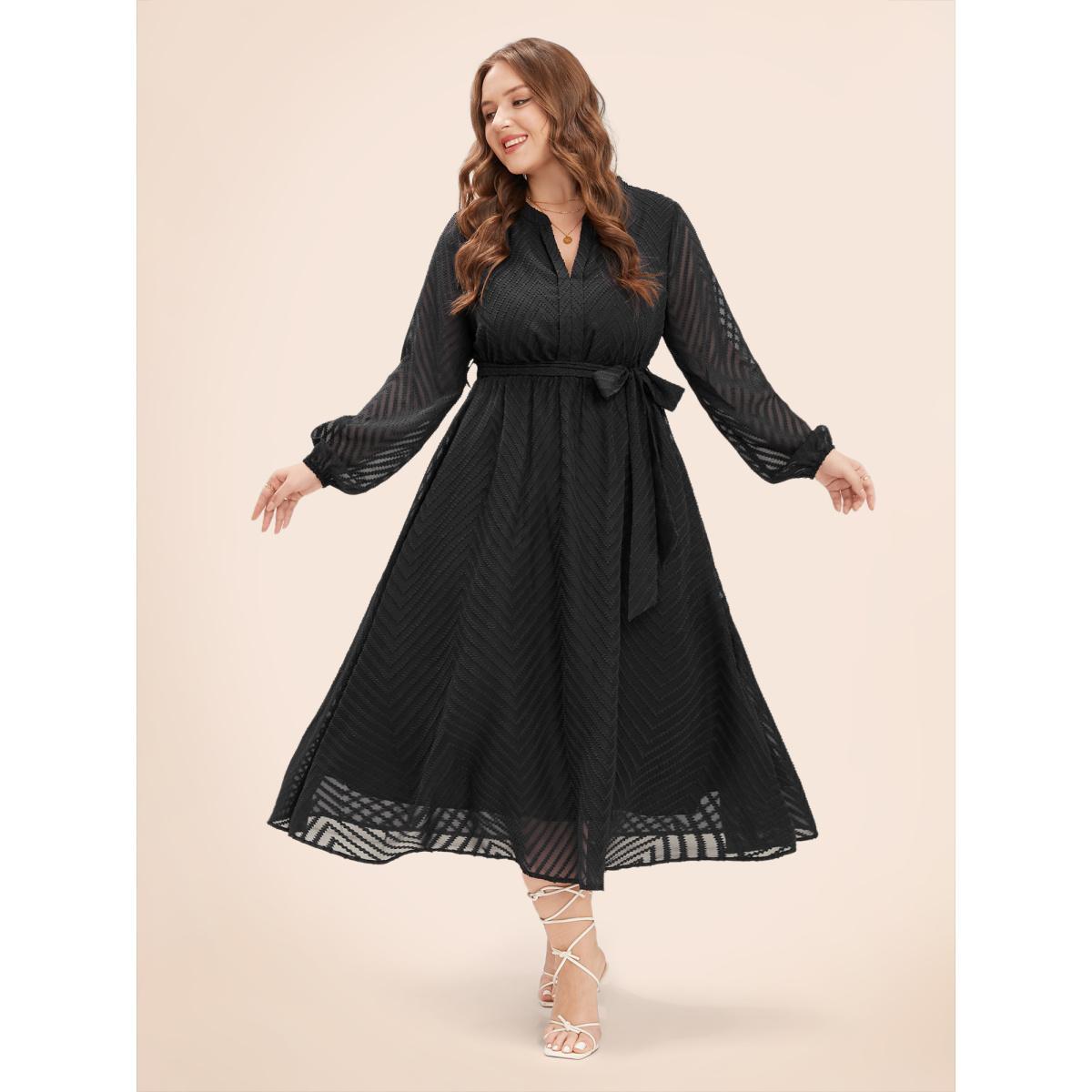 Chiffon Geometric Elegance Plain Navy Belt Plus Size Midi Dress Women Pocket Lantern Sleeve Long Sleeve V Neck Pocket Dailywear Midi Dress BloomChic Product Image