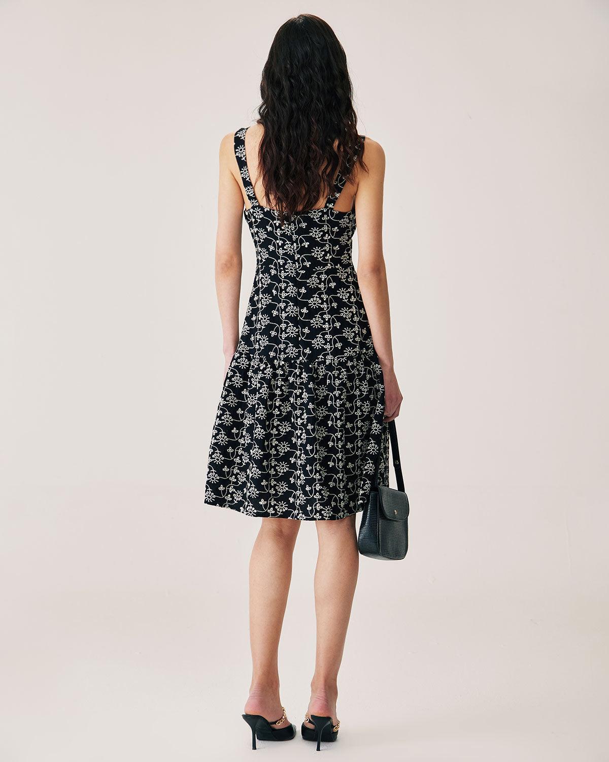 Black Floral Embroidery Slip Midi Dress Product Image