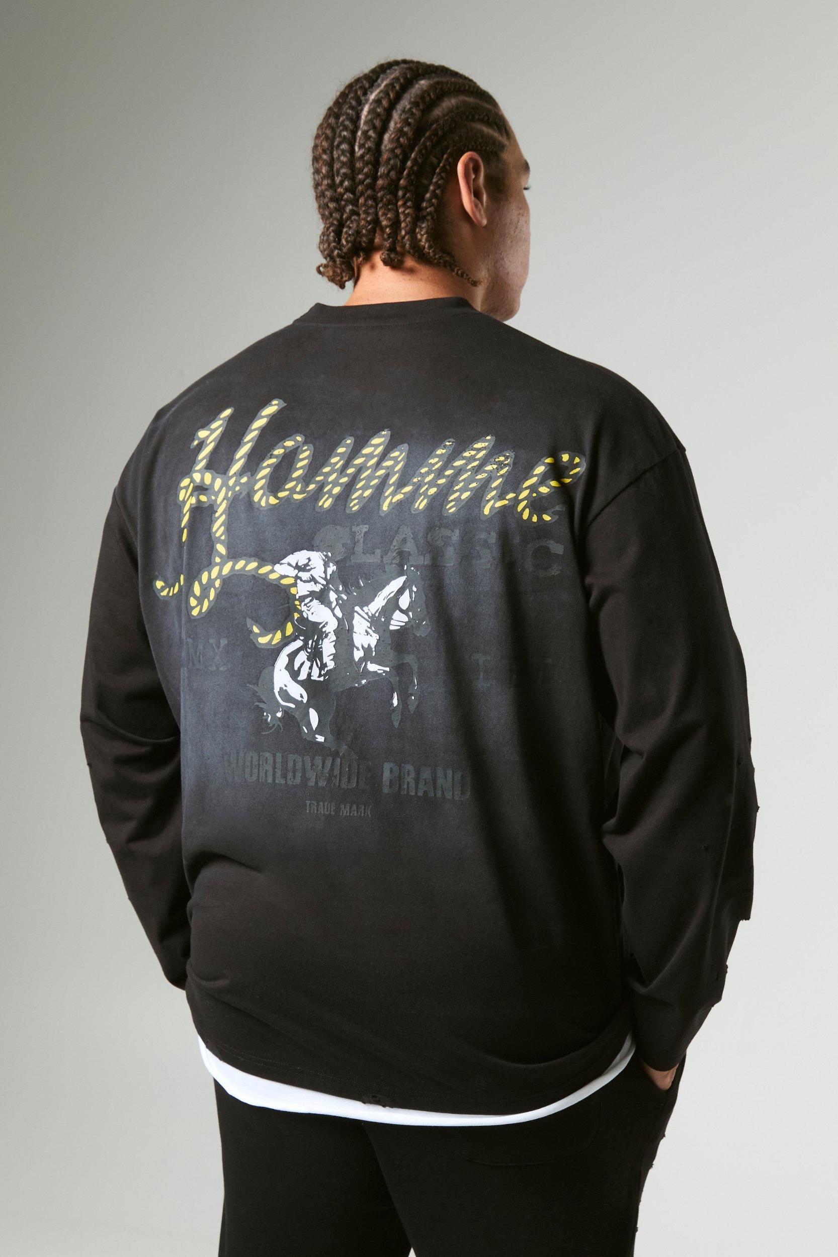 Mens Grey Plus Long Sleeve Oversized Distressed Rodeo T-Shirt, Grey Product Image