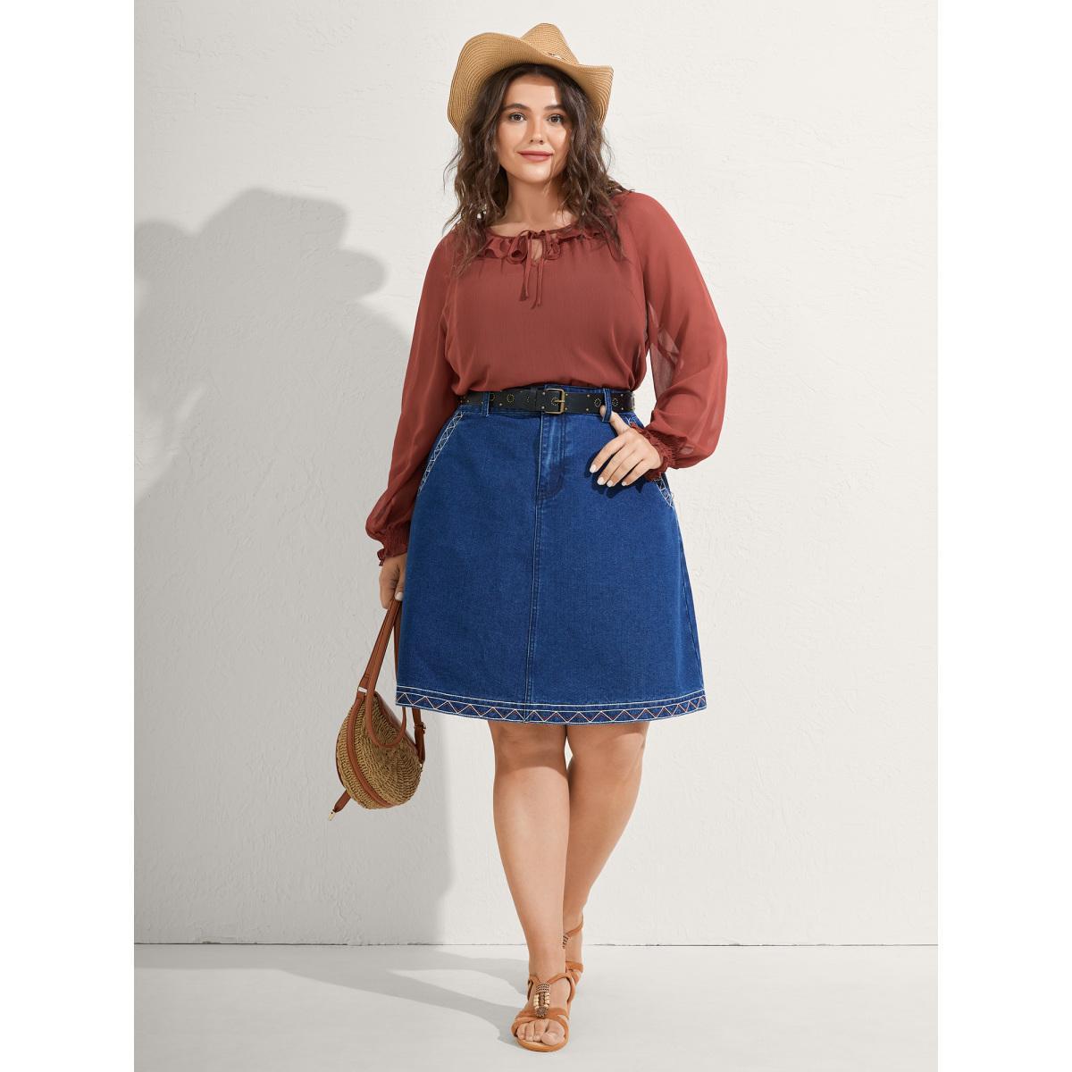 Plus Size Rust Sheer Ruffled Neck Flowy Solid Blouse Women Extra Long Sleeve Notched collar Vacation Blouses BloomChic 14-16/1X Product Image