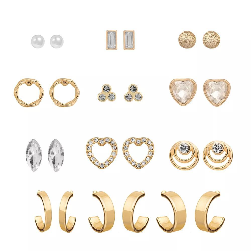 LC Lauren Conrad Gold Tone Crystal & Simulated Pearl Heart Earrings 12-pack Set, Women's, Clear Product Image