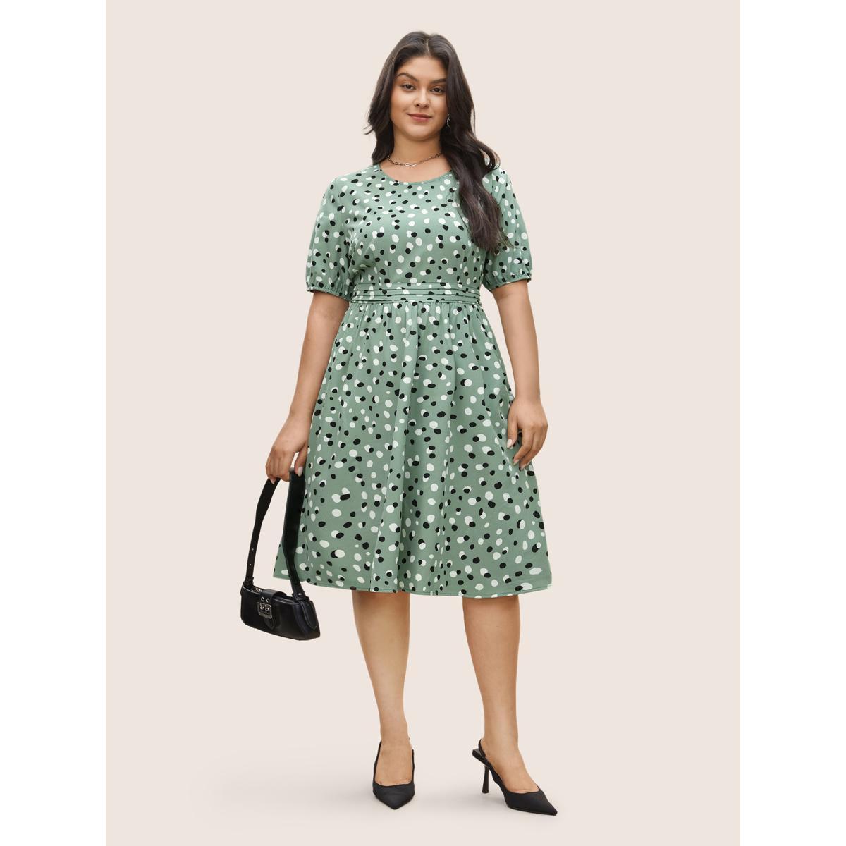 Plus Size Allover Print Pleated Lantern Sleeve Dress Sage Women Elegant Non Round Neck Short sleeve Curvy Midi Dress BloomChic 14-16/1X Product Image