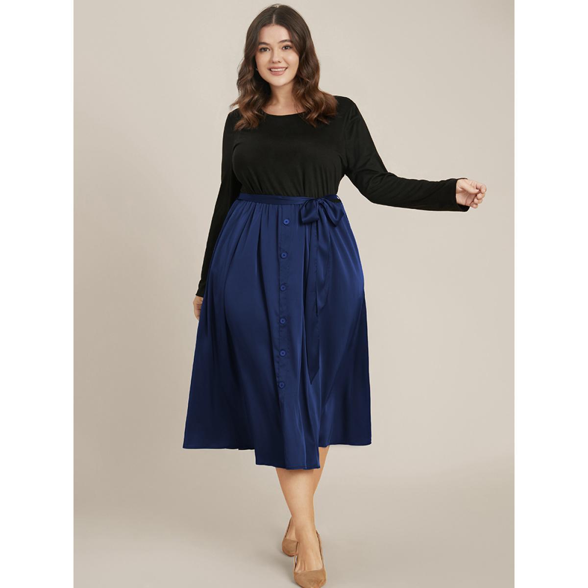 Plus Size Solid Round Neck Pocket Button Detail Belted Satin Dress DarkBlue Women Office Patchwork Round Neck Long Sleeve Curvy Midi Dress BloomChic 14-16/1X Product Image