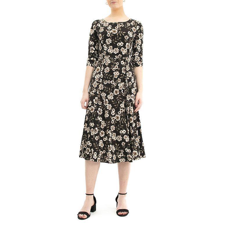 Womens Nina Leonard Belted 3/4 Sleeve Print Midi Dress Product Image