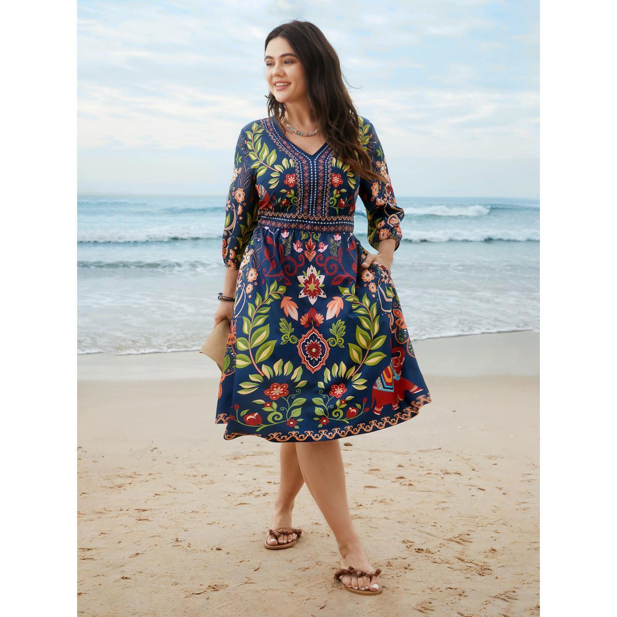 Plus Size Boho Print V-Neck Pockets Midi Dress DarkBlue Women Resort Non V-neck Elbow-length sleeve Curvy BloomChic 22-24/3X Product Image