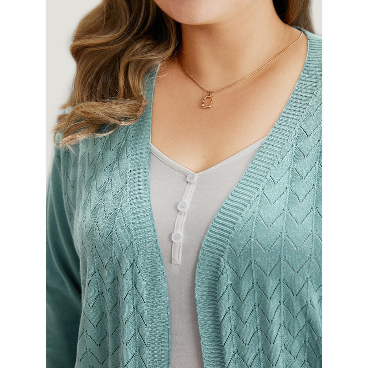 Plus Size Supersoft Essentials Geometric Eyelet Open Front Cardigan Emerald Women Casual Loose Long Sleeve Dailywear Cardigans BloomChic 10/M Product Image