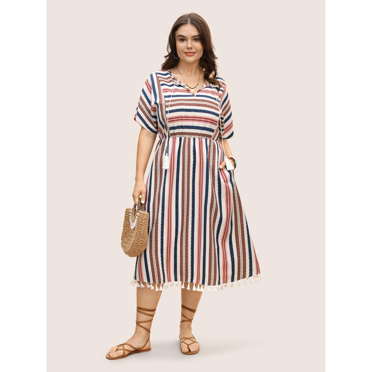 Plus Size Striped Elastic Waist Tassel Trim Gathered Dress Originalwhite Women Resort Flat collar with V-notch Short sleeve Curvy BloomChic 14-16/1X Product Image