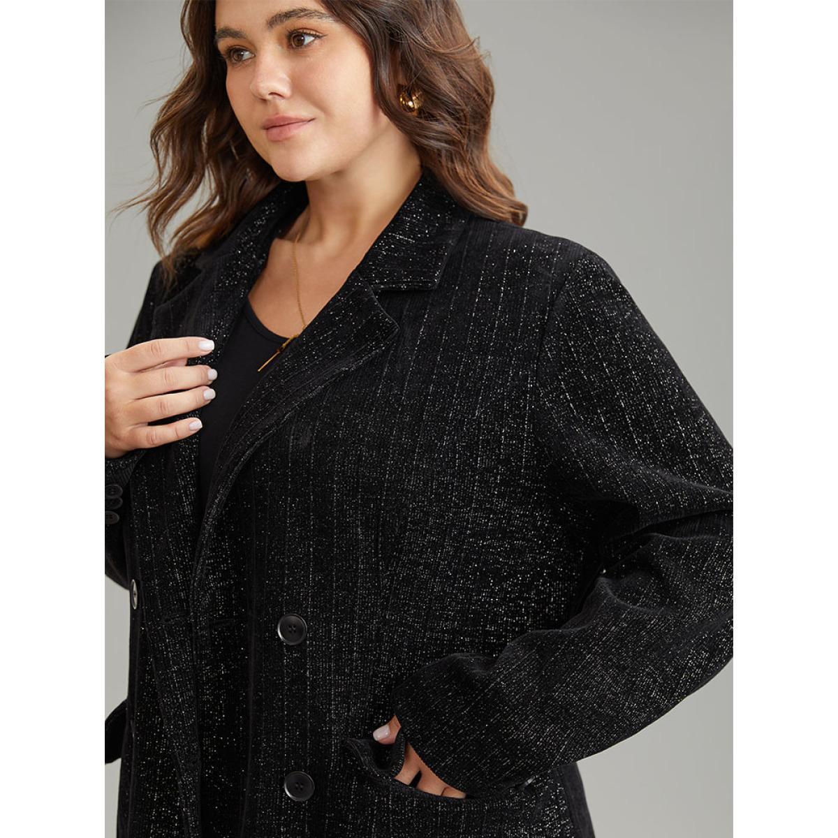 Plus Size Lurex Double Breasted Patched Pocket Blazer Black Women Dailywear Plain Velvet Sleeve Long Sleeve Suit Collar 18-20/2X Pocket Glamour Blazers BloomChic Product Image