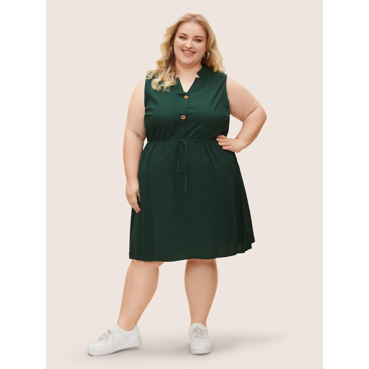 Plus Size Plain Ties Front Button Pocket V Neck Dress DarkGreen Women Work From Home Button V-neck Sleeveless Curvy Knee Dress BloomChic 14-16/1X Product Image