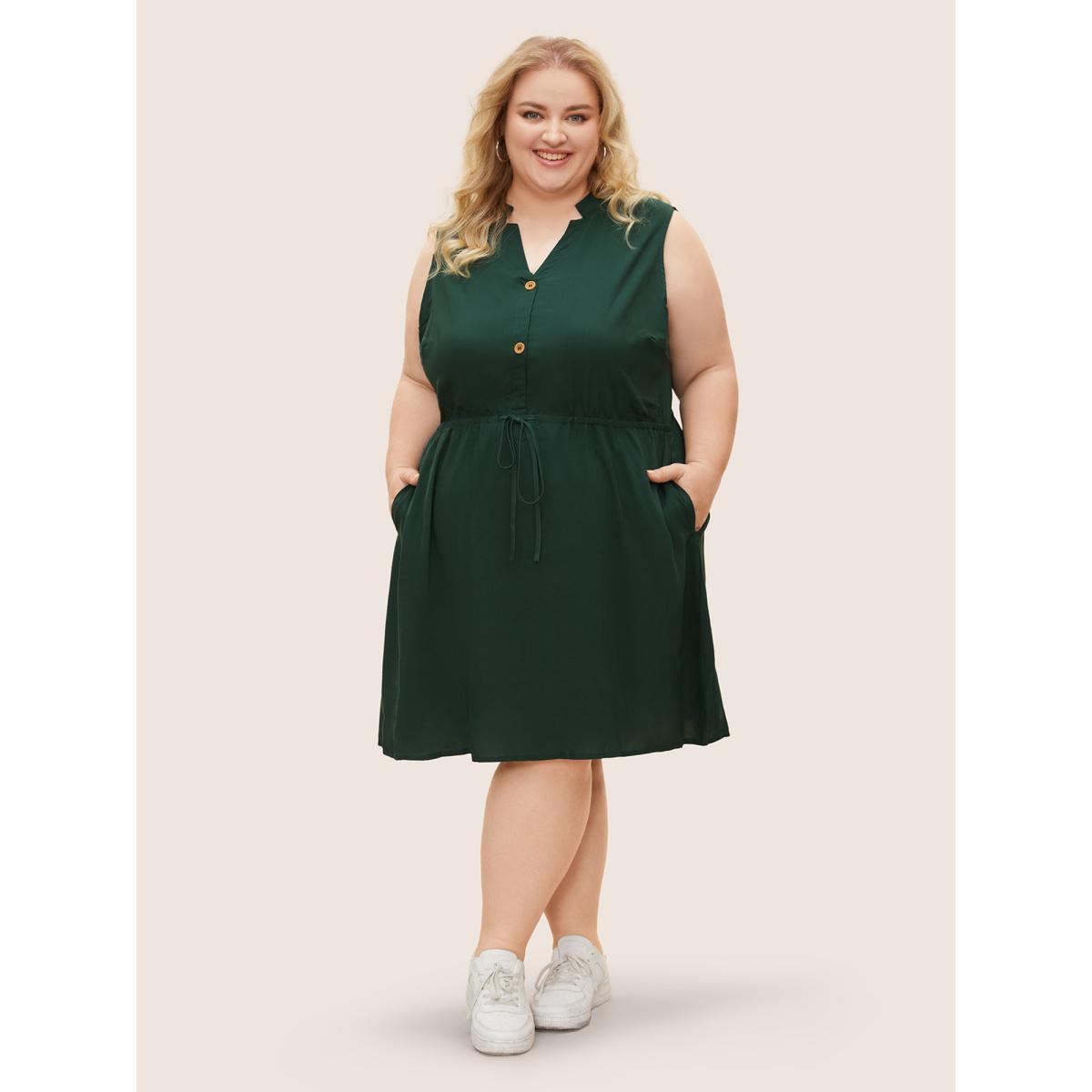 Plus Size Plain Ties Front Button Pocket V Neck Dress DarkGreen Women Work From Home Button V-neck Sleeveless Curvy Knee Dress BloomChic 14-16/1X Product Image
