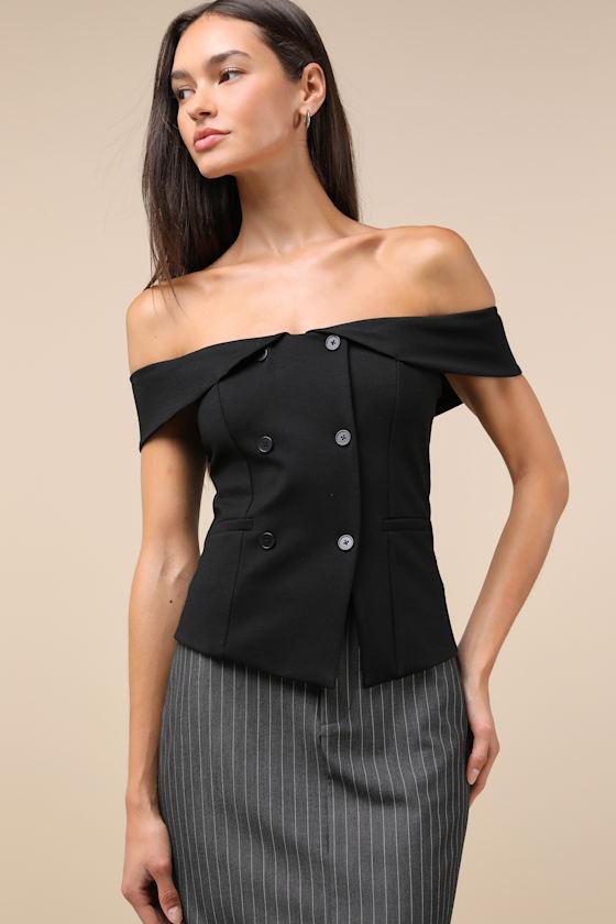 Poised Mindset Black Off-the-Shoulder Button-Front Vest Top Product Image
