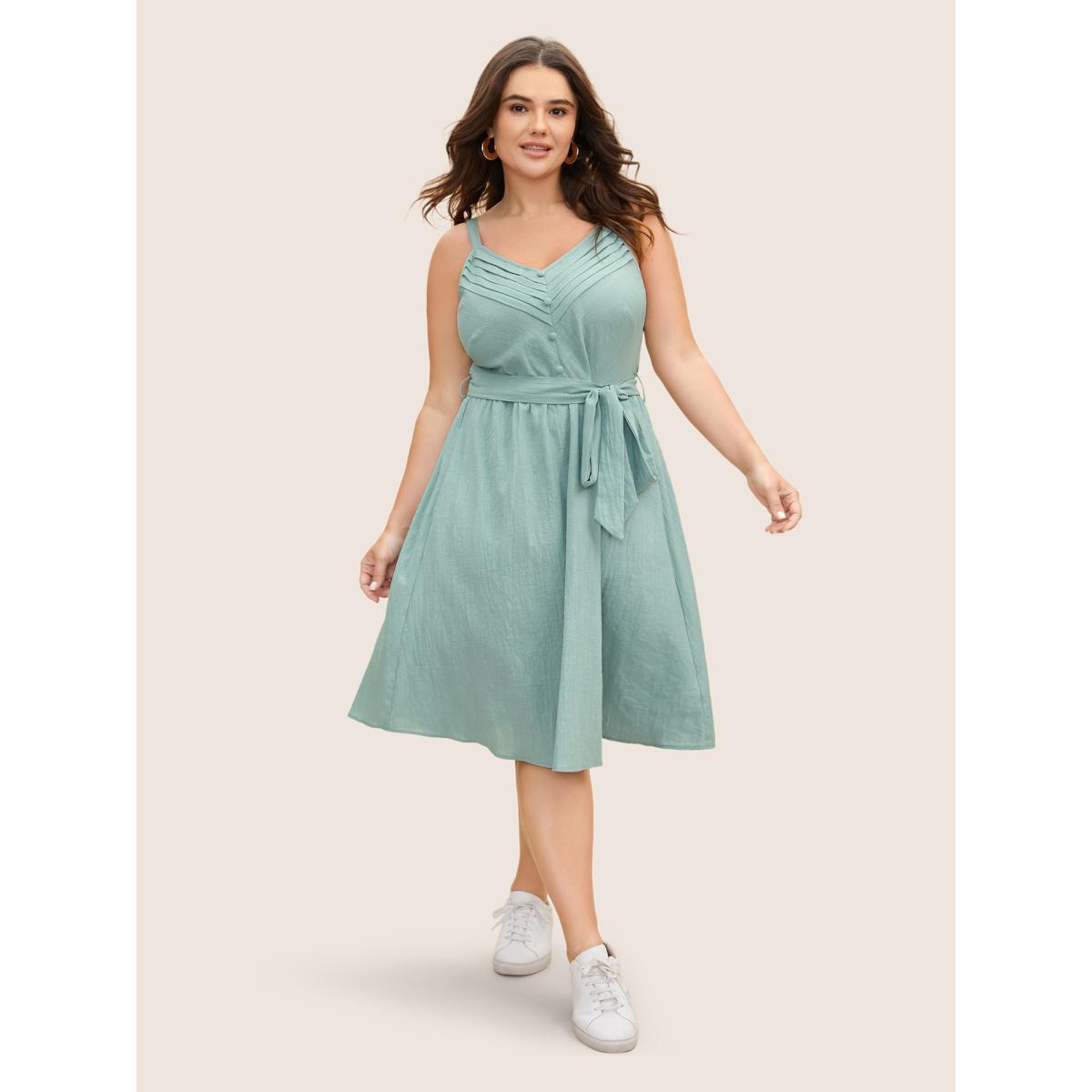 Plus Size Cotton Solid Pleated Button Detail Belted Dress Mint Women Casual Belted V-neck Sleeveless Curvy BloomChic 12/L Product Image