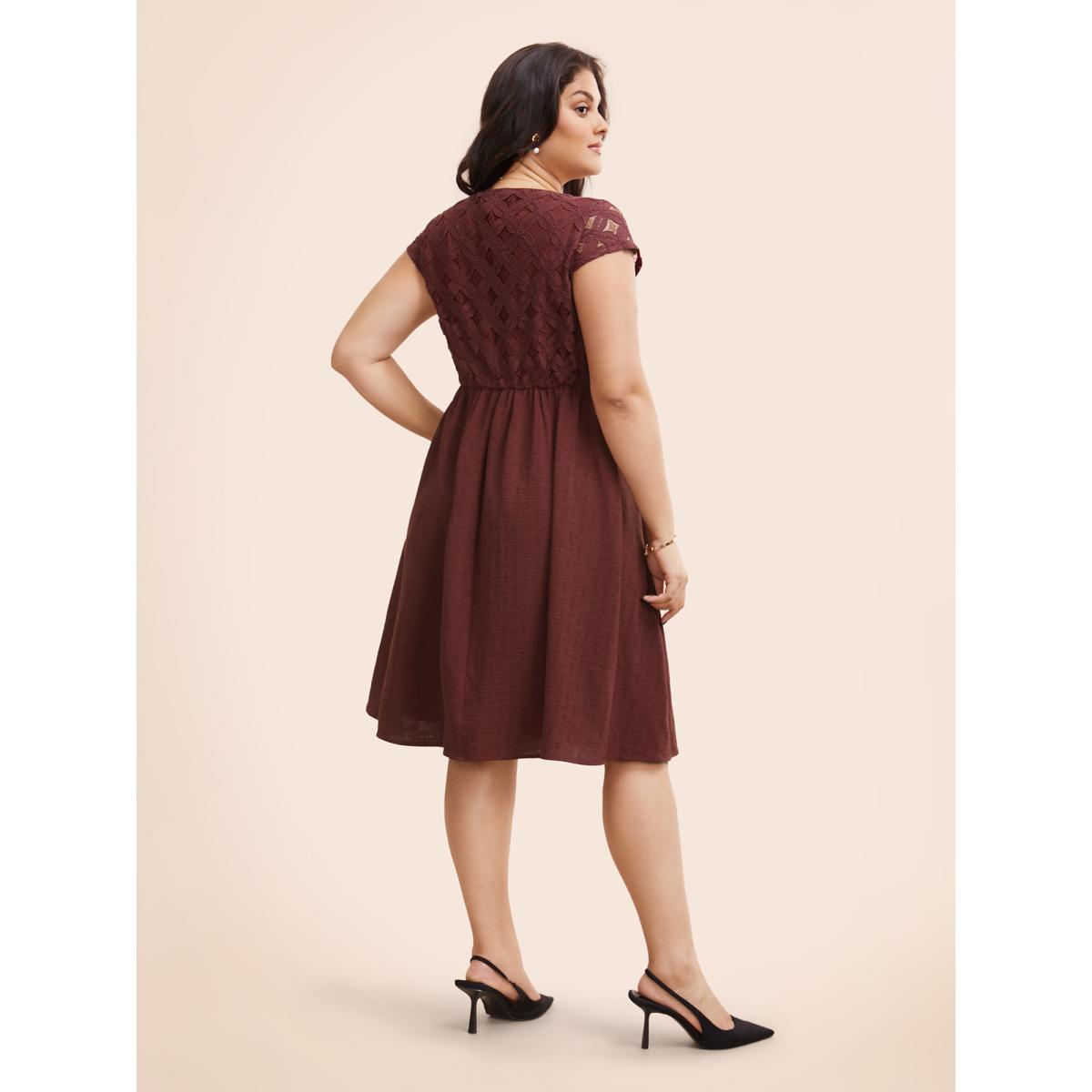 Plus Size Plain Lace Panel Cap Sleeve Dress Denimburgundy Women Elegant Texture V-neck Cap Sleeve Curvy BloomChic 10/M Product Image