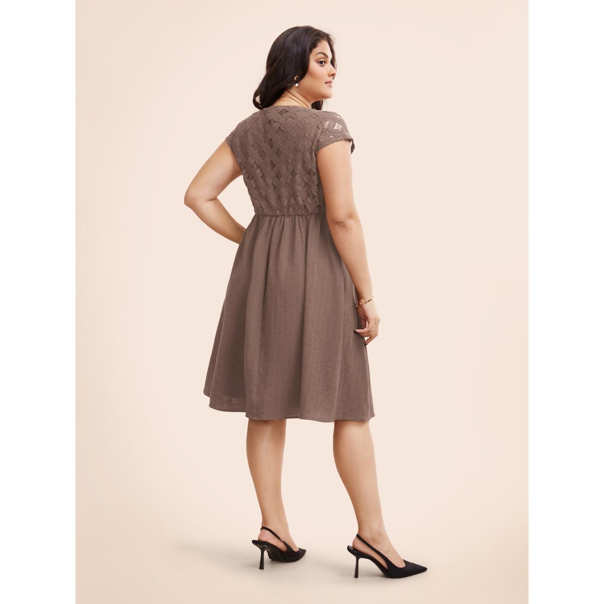 Plus Size Plain Lace Panel Cap Sleeve Dress Dirtypink Women Elegant Texture V-neck Cap Sleeve Curvy BloomChic 12/L Product Image