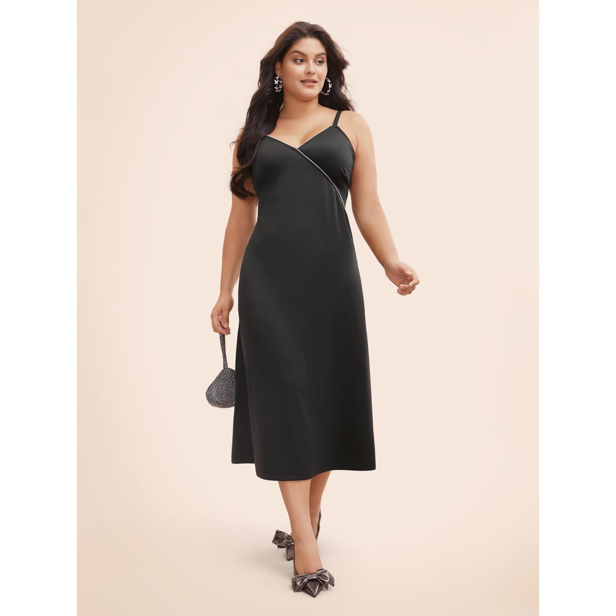 Plus Size Rhinestone Detail Overlap Collar Cami Dress Black Women Cocktail Rhinestone detailing Overlap Collar Sleeveless Curvy BloomChic 26/4X Product Image