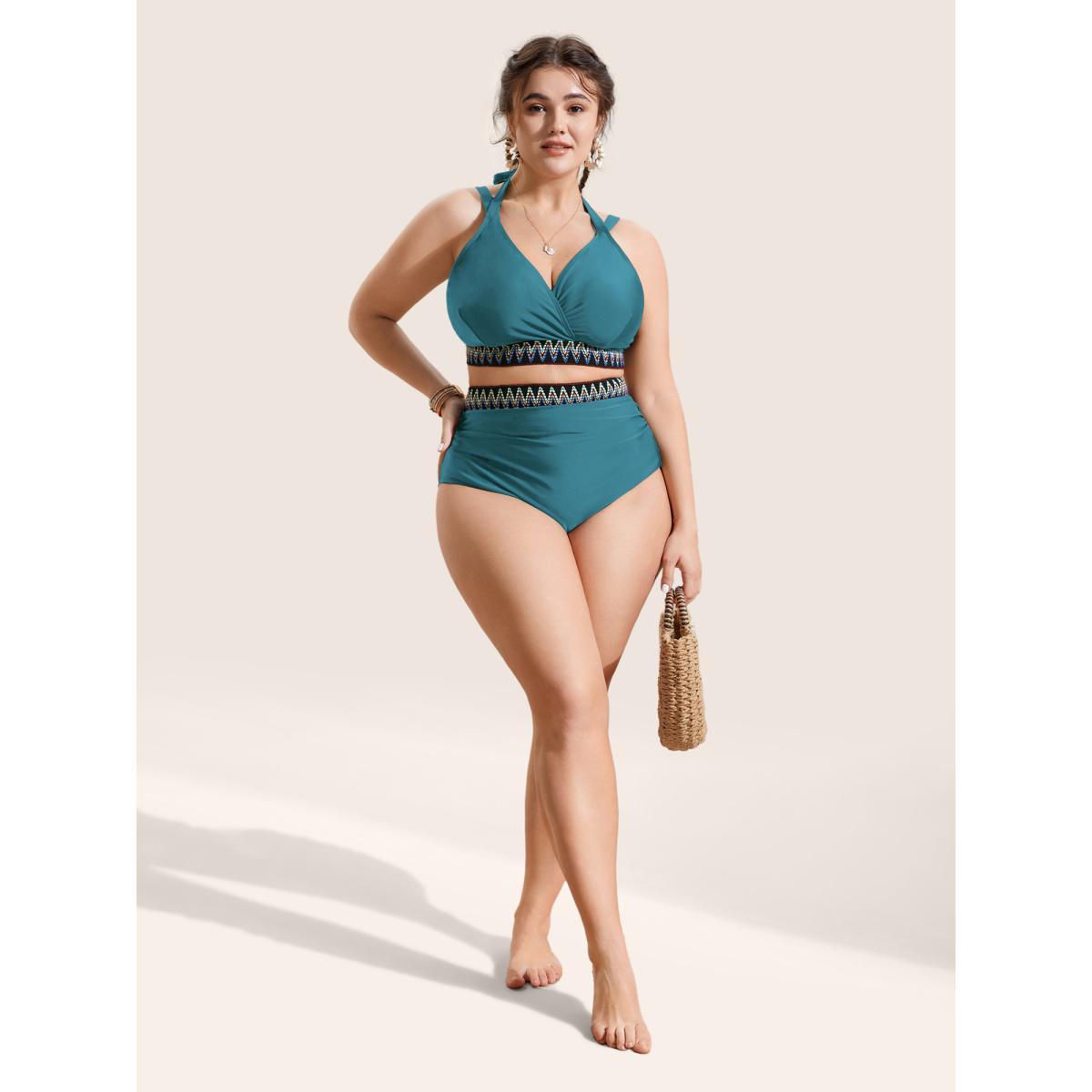 Plus Size Embroidered Wrap Tie Knot Swim Top Women's Swimwear Teal Beach Woven ribbon&lace trim High stretch Skinny Overlap Collar Curve Swim Tops BloomChic 10/M Product Image