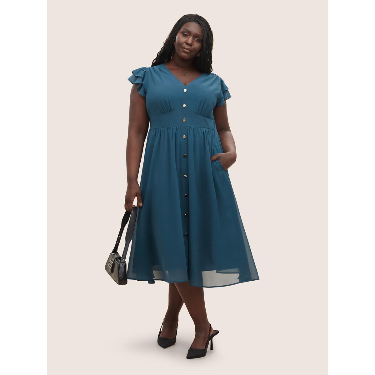 Plus Size Chiffon Button Detail Tiered Ruffle Cap Sleeve Dress Aegean Women At the Office Non V-neck Cap Sleeve Curvy Midi Dress BloomChic 14-16/1X Product Image