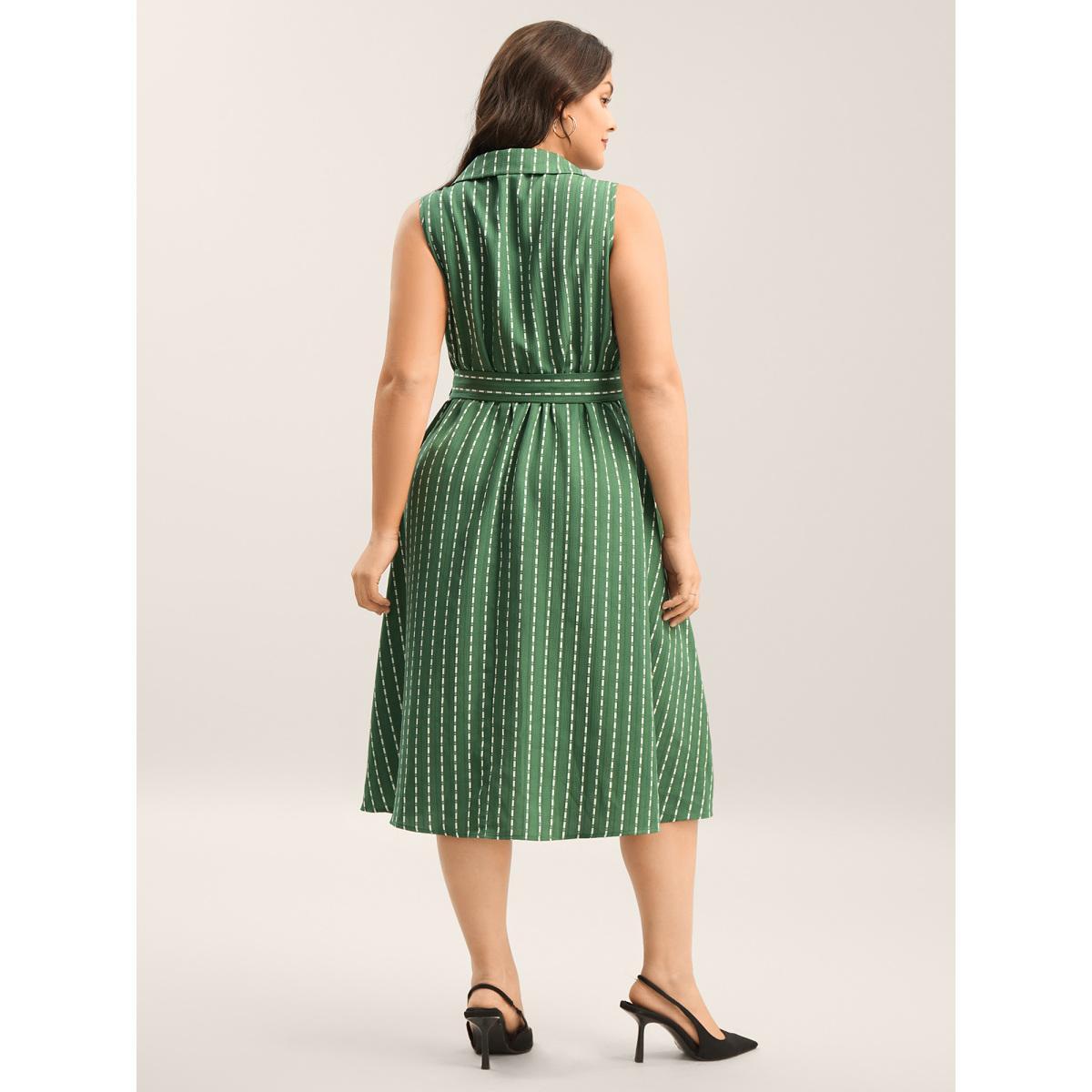Plus Size Breezy Stripes Belted Pockets Midi Dress Emerald Women Shirt collar Sleeveless Curvy BloomChic 18-20/2X Product Image