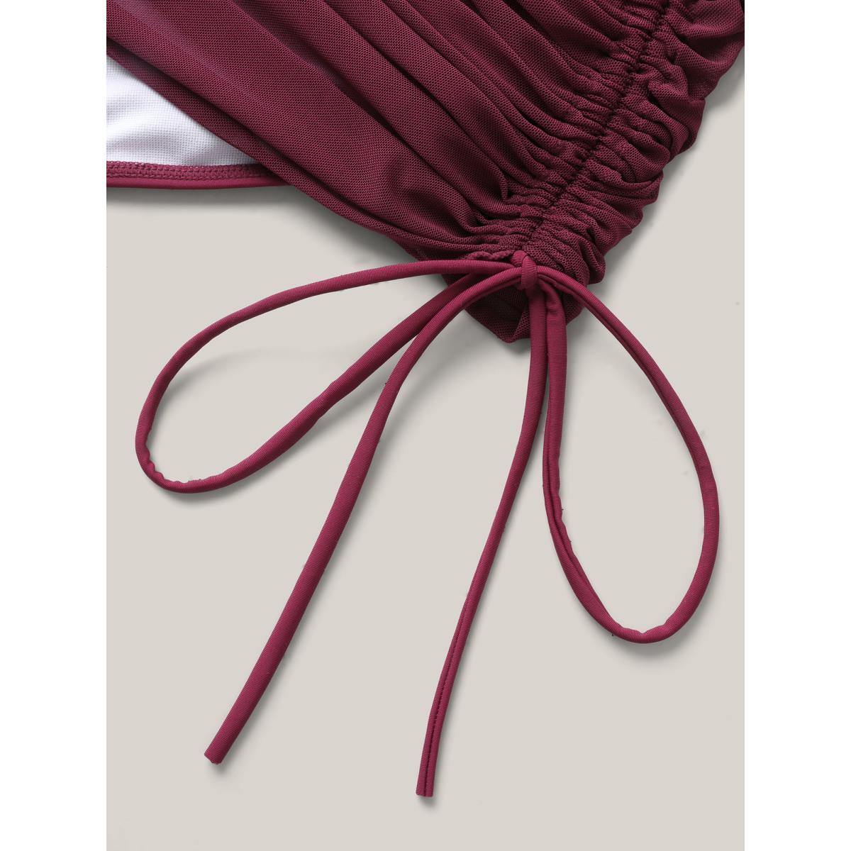 Plus Size Ruched Mesh Adjustable Drawstring Swim Dress Women's Swimwear Burgundy Beach Skinny U-neck High stretch Curve Swim Dresses BloomChic 10/M Product Image