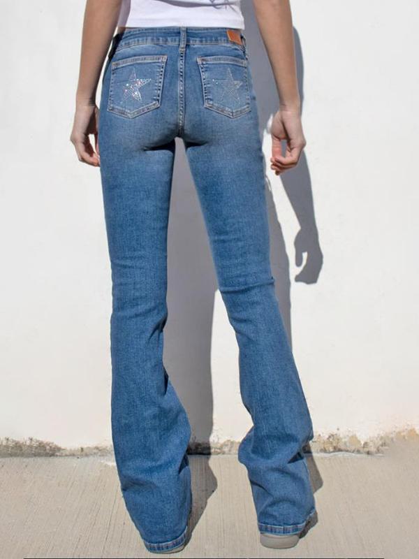 Multi Pocket Rhinestone Elastic Slim Jeans Product Image
