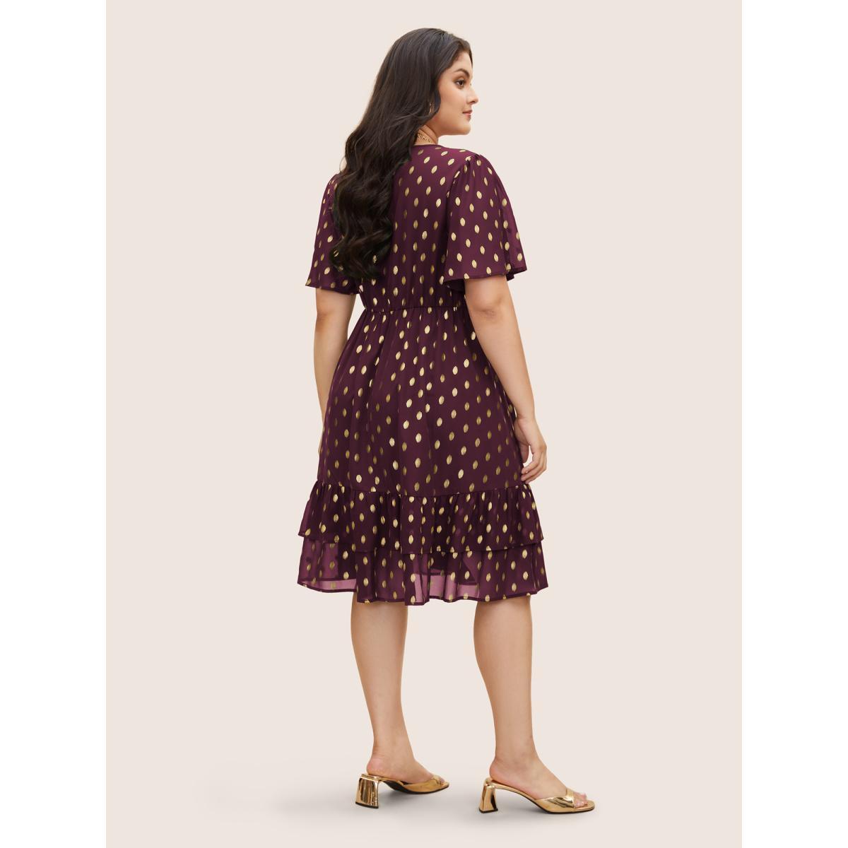 Plus Size Glitter Polka Dot Patchwork Ruffles Dress Burgundy Women Cocktail See through Round Neck Short sleeve Curvy BloomChic 30/6X Product Image