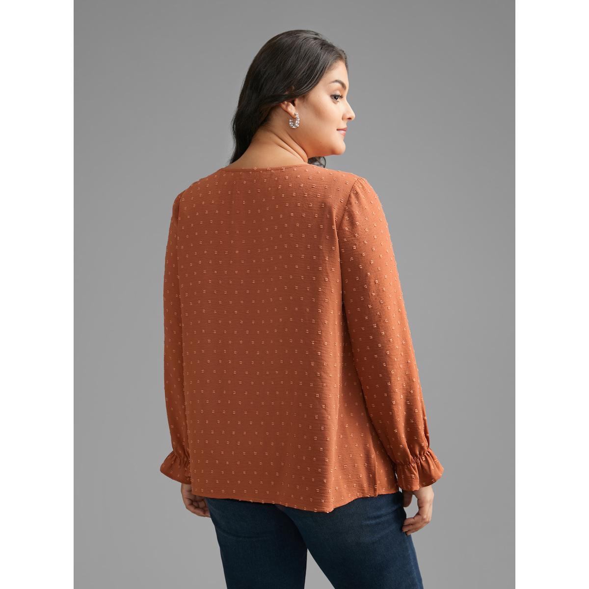 Plus Size Rust Textured Lace Panel Lantern Sleeve Blouse Women Elegant Long Sleeve Round Neck Everyday Blouses BloomChic 18-20/2X Product Image