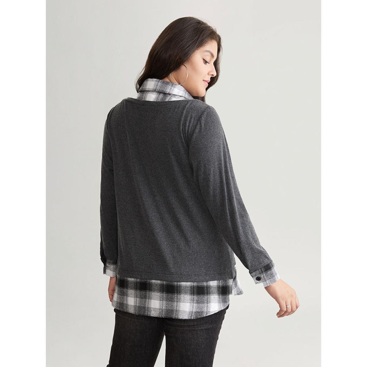 Plus Size 2-In-1 Plaid Patchwork Lapel Collar Sweatshirt Women DimGray Casual Contrast Lapel Collar Dailywear Sweatshirts BloomChic 14-16/1X Product Image