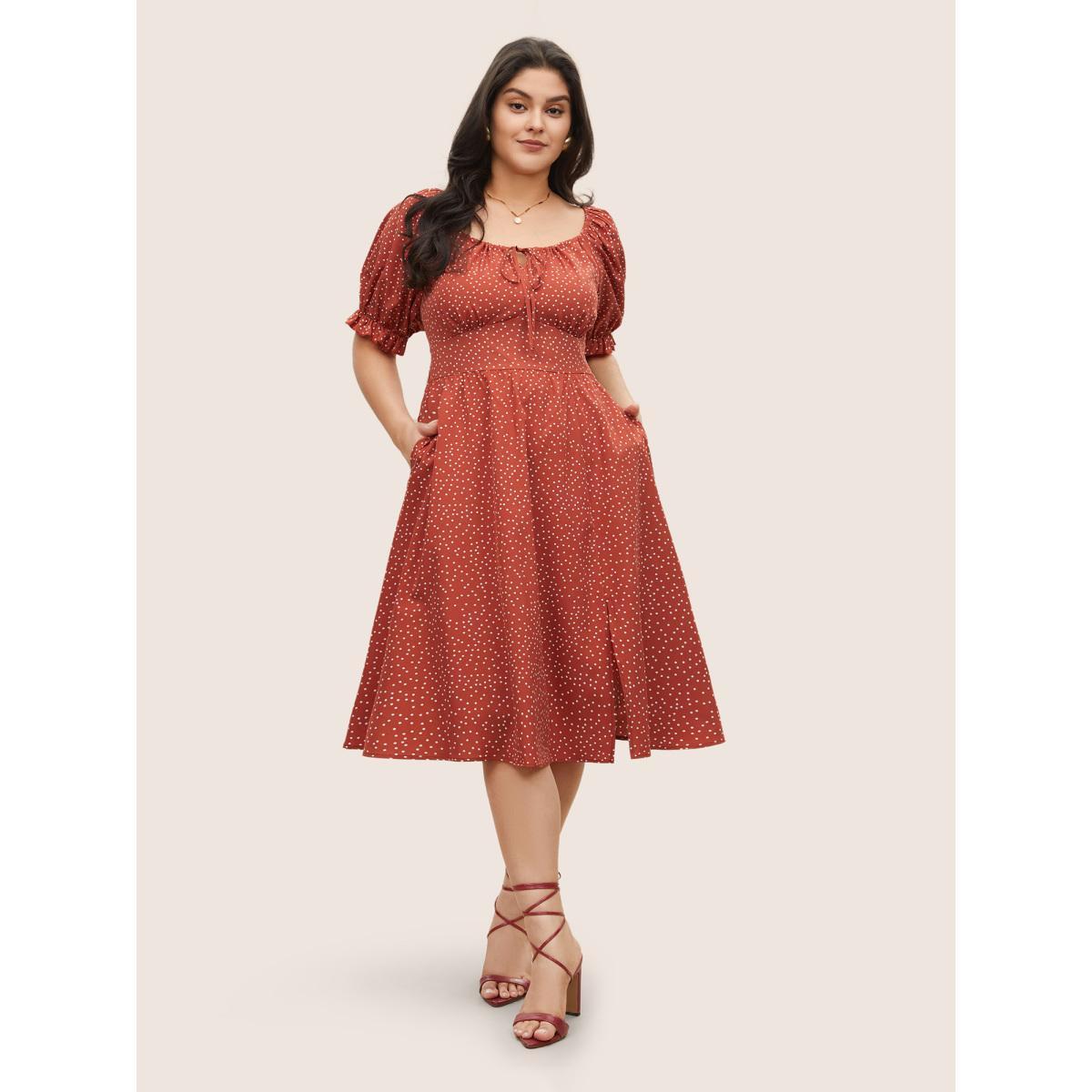 Plus Size Polka Dot Ties Lantern Sleeve Gathered Dress Rust Women Elegant Non Square Neck Short sleeve Curvy Midi Dress BloomChic 22-24/3X Product Image