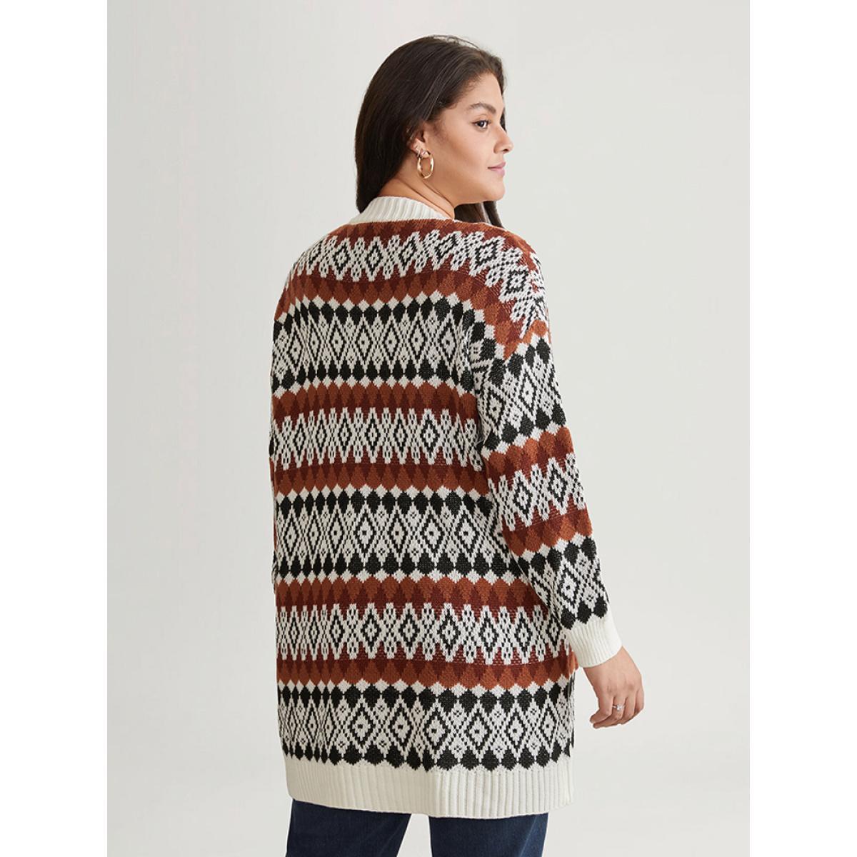 Plus Size Geometric Jacquard Pocket Button Up Cardigan Chocolate Women Casual Loose Long Sleeve Dailywear Cardigans BloomChic 22-24/3X Product Image