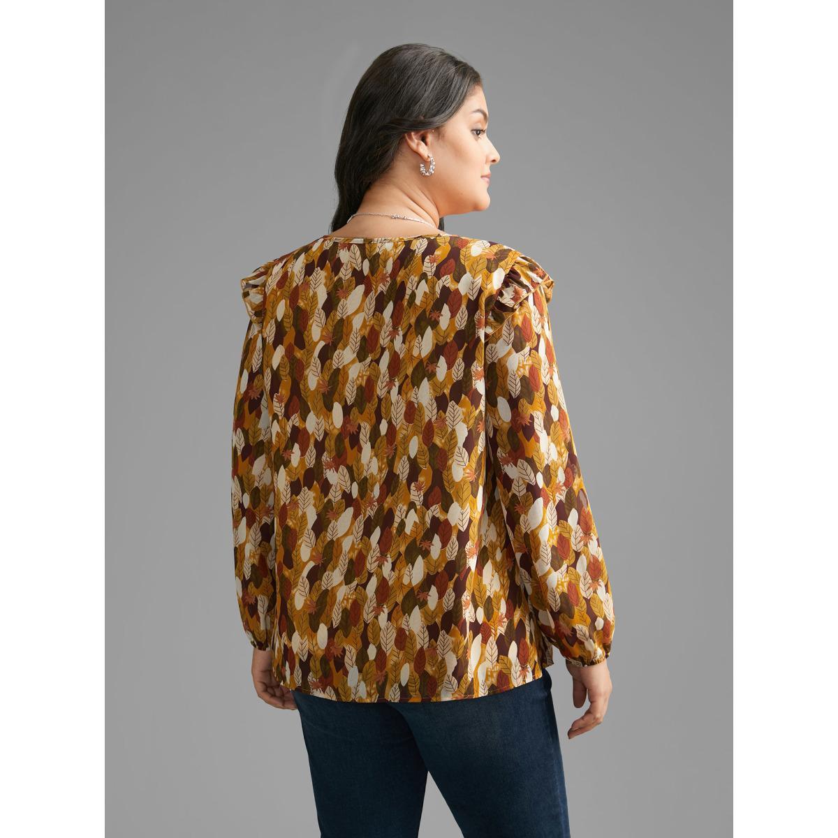 Plus Size Multicolor Leaves Print Ruffle Trim Slit Hem Blouse Women Elegant Long Sleeve V-neck Everyday Blouses BloomChic 10/M Product Image