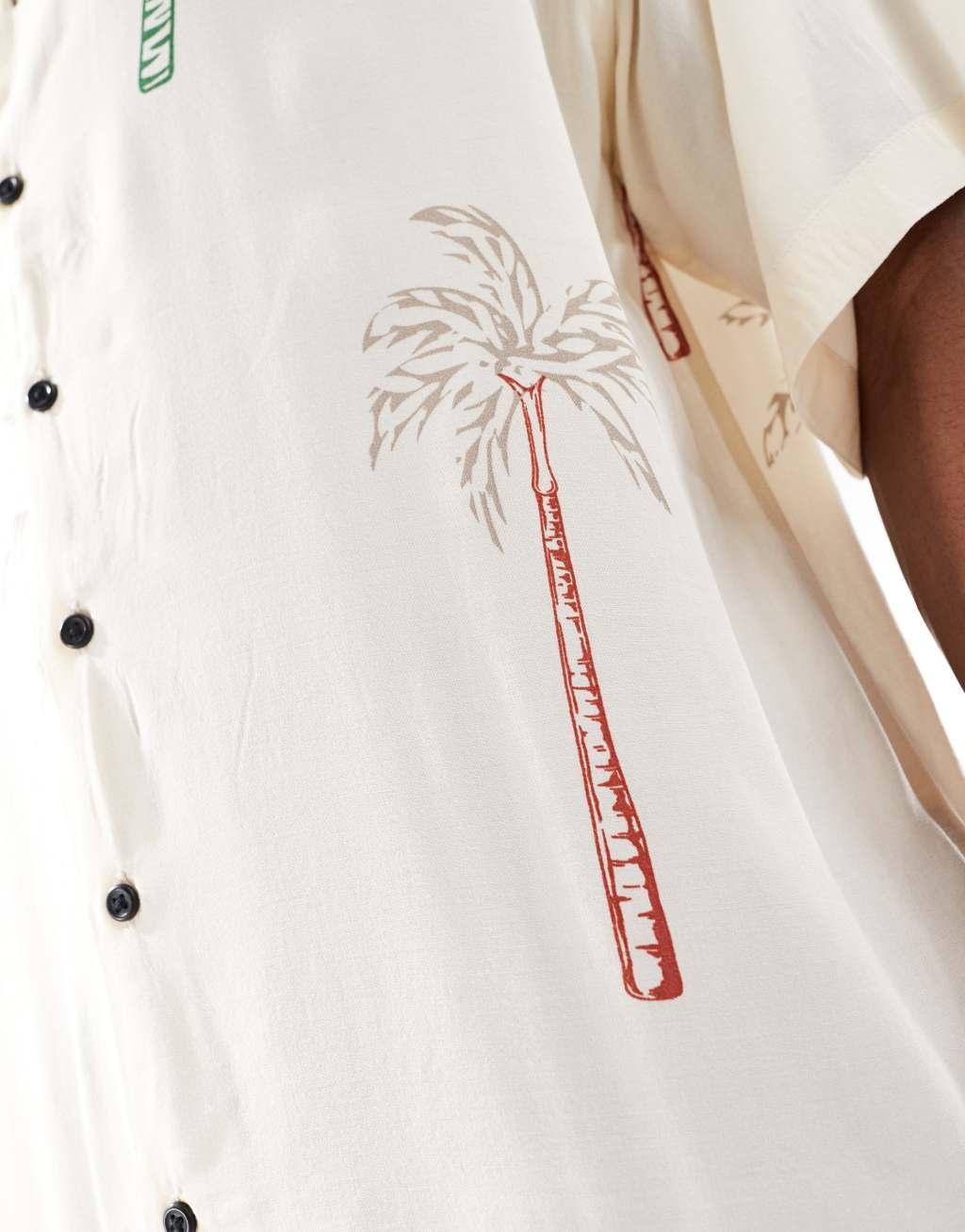 Jack & Jones camp collar palm print shirt in white Product Image