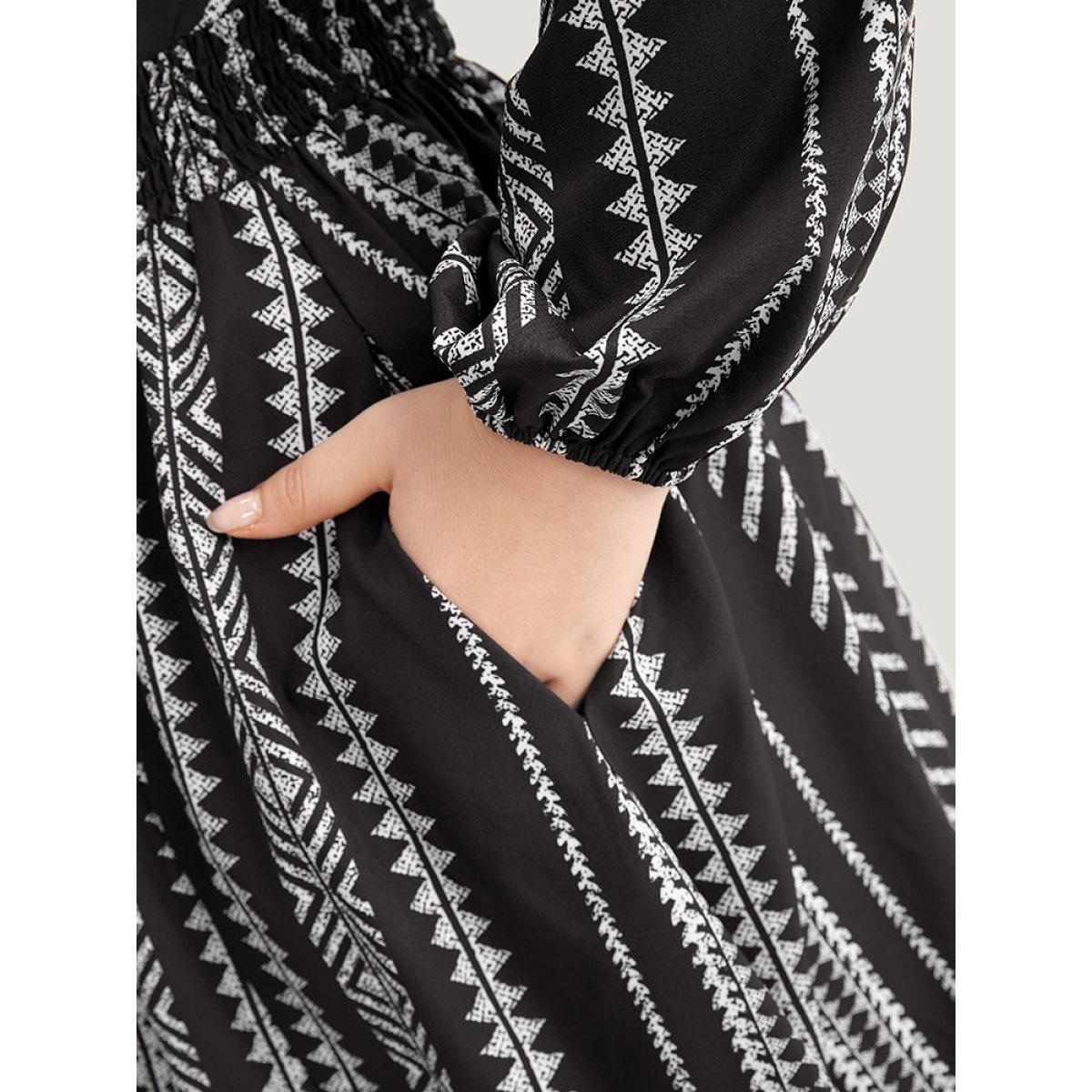 Plus Size Striped Boho Print Shirred Split Hem Dress Black Women Resort Elastic cuffs Notched collar Long Sleeve Curvy Midi Dress BloomChic 30/6X Product Image