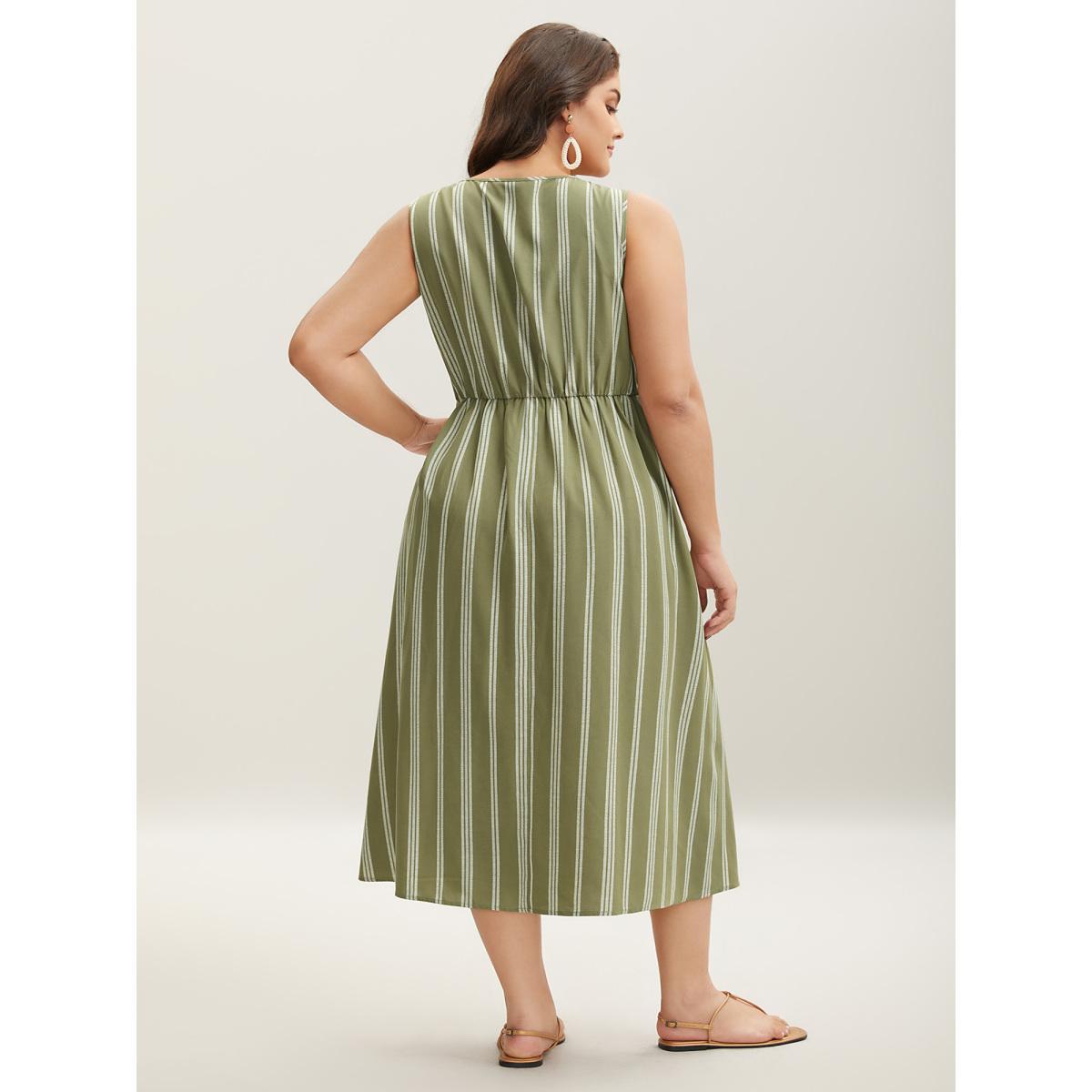 Plus Size Solid Stripes Bust Lace-Up Midi Dress Olive Women V-neck Sleeveless Curvy BloomChic 14-16/1X Product Image