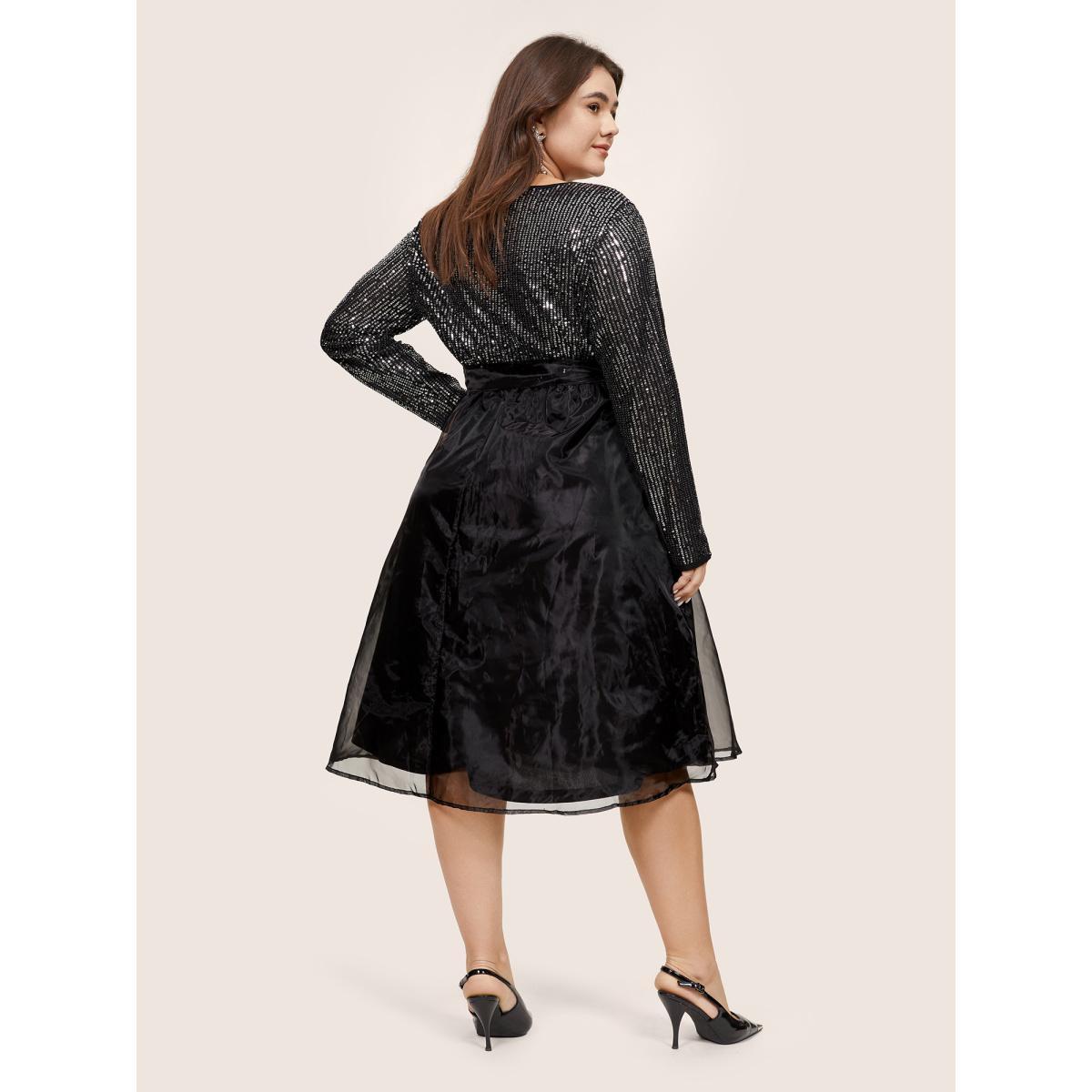 Plus Size Sequin Mesh Patchwork Wrap Belted Dress Black Women Cocktail Sequin Overlap Collar Long Sleeve Curvy Midi Dress BloomChic 18-20/2X Product Image