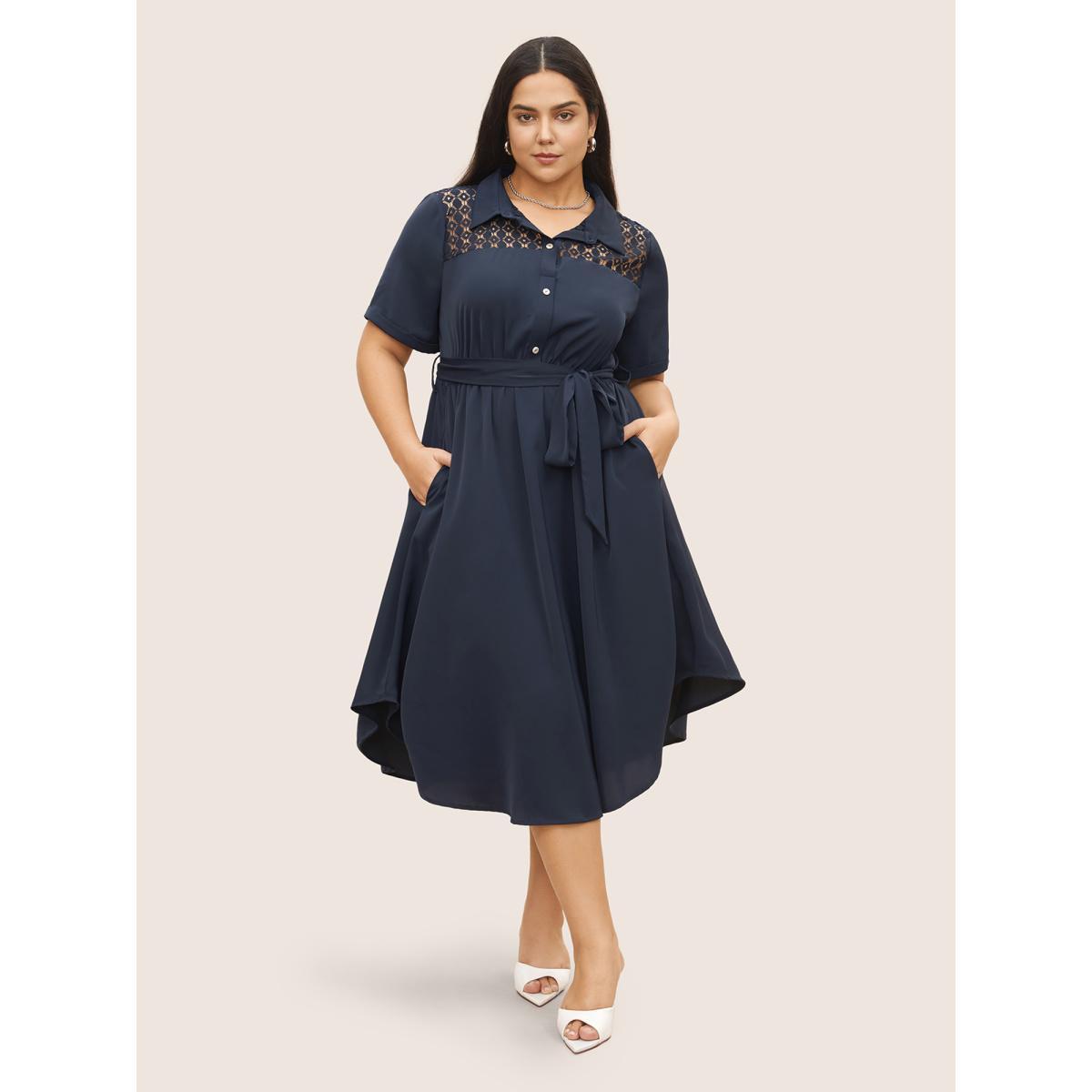 Plus Size Plain Lace Patchwork Belted Cuffed Sleeve Dress DarkBlue Women At the Office Non Shirt collar Short sleeve Curvy Midi Dress BloomChic 22-24/3X Product Image