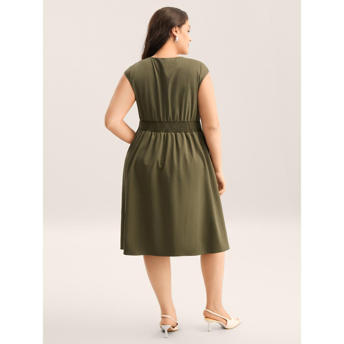 Plus Size Zipper Front Woven A-Line Midi Skirt ArmyGreen Women V-neck Cap Sleeve Curvy BloomChic 22-24/3X Product Image
