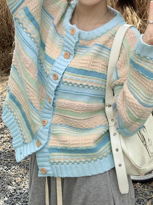 Textured Contrast Color Splice Knit Cardigan Product Image